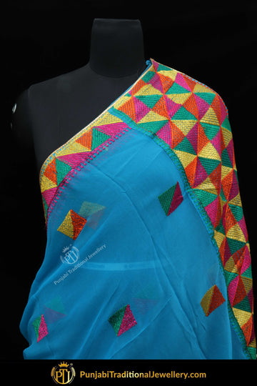 Firozi  Color & Multi Color Dupatta Pure Phulkari By Punjabi Traditional Jewellery